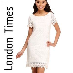 London Times Scalloped Sleeve Crochet Lace Dress